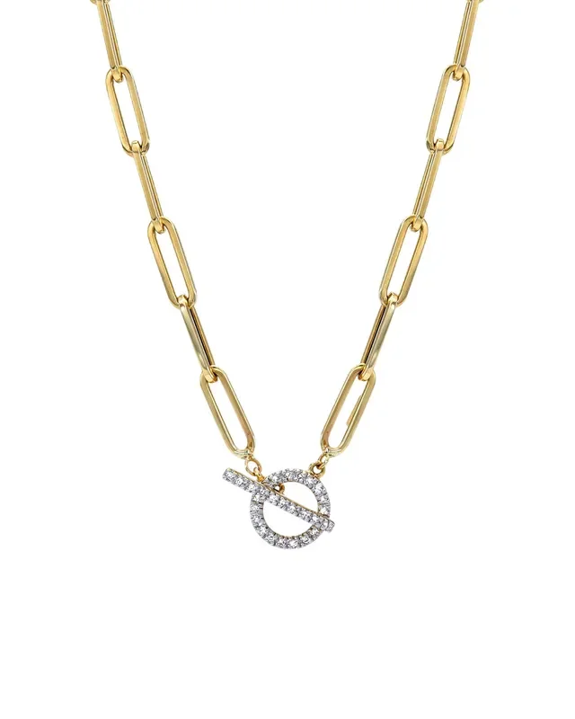 14k Gold Large Paper Clip Chain With Diamond Toggle Necklace