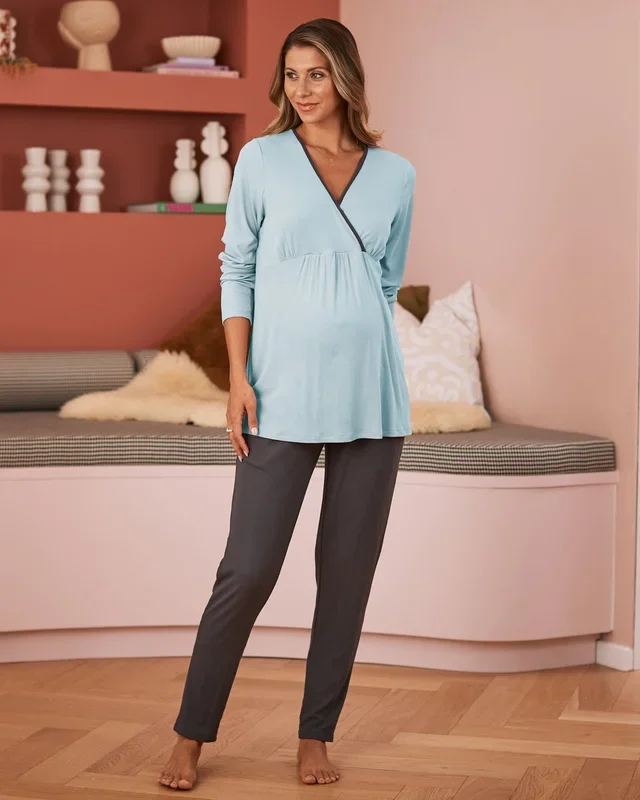 2 Piece Maternity/ Nursing Pajama Set in Blue/Grey