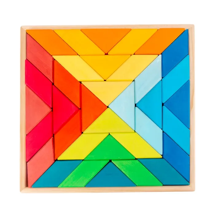 36 Pcs Stained Large Rainbow Square Indian Puzzle Blocks With Storage Tray