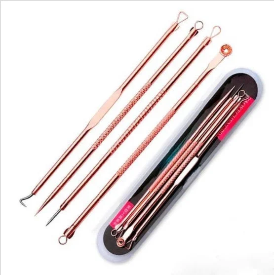 4 piece stainless steel blackhead, pimple and/or comedone acne extractor tool kit with case