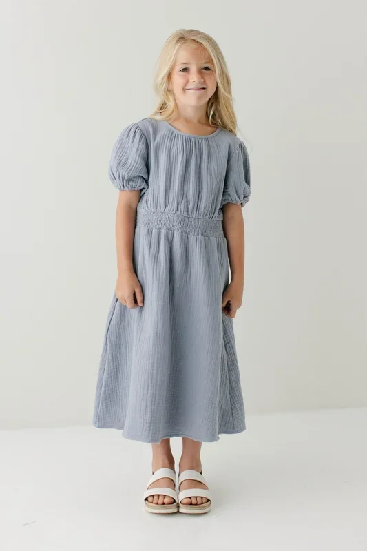 ‘Alicia’ Girl Cotton Gauze Midi Dress in Dusty Blue FINAL SALE
