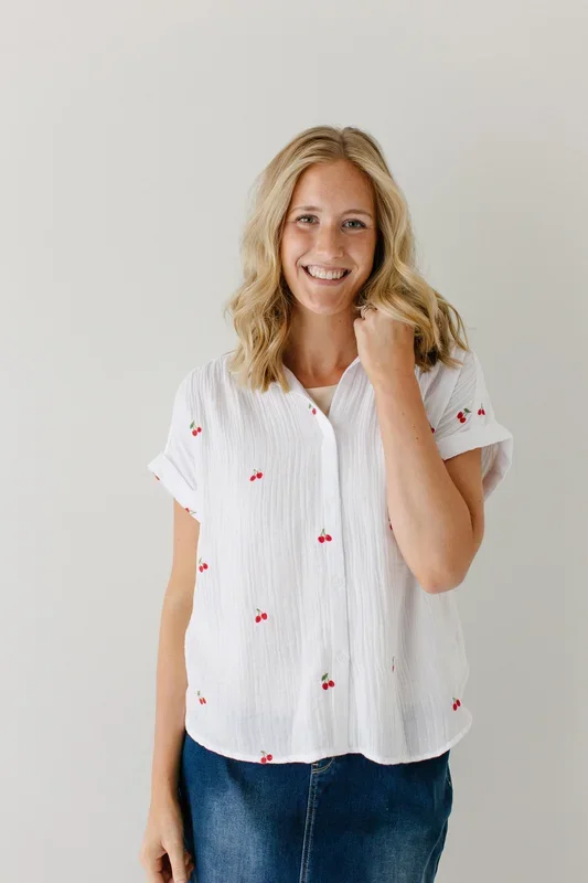 ‘Cherry’ Embroidered Cotton Gauze Button Down Top in White FINAL SALE