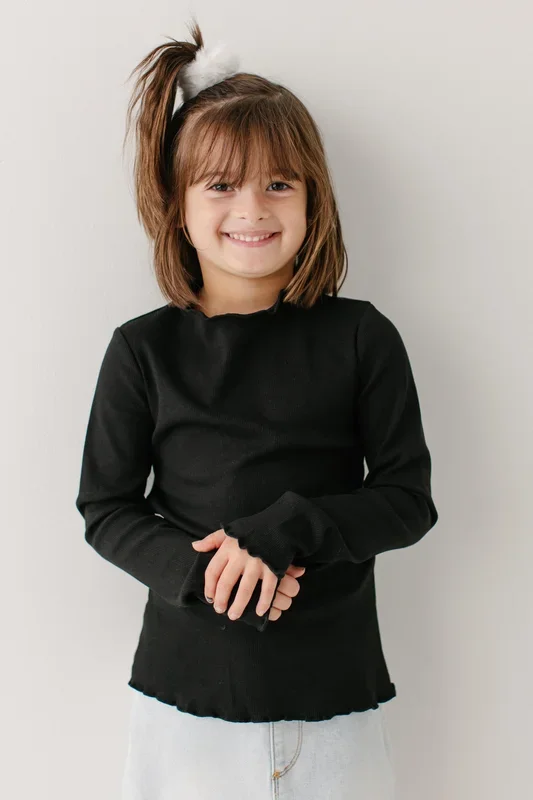 ‘Hillary’ Girl Long Sleeve Lettuce Hem Ribbed Top