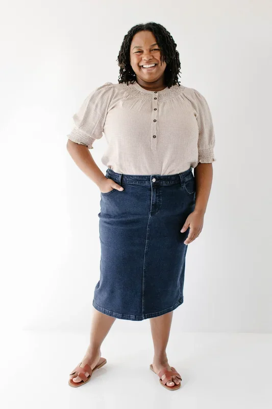 ‘Krista’ Knee Length Denim Pencil Skirt in Dark Wash FINAL SALE