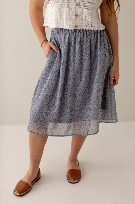 ‘Nina’ Ditsy Floral Midi Skirt in Slate Blue FINAL SALE
