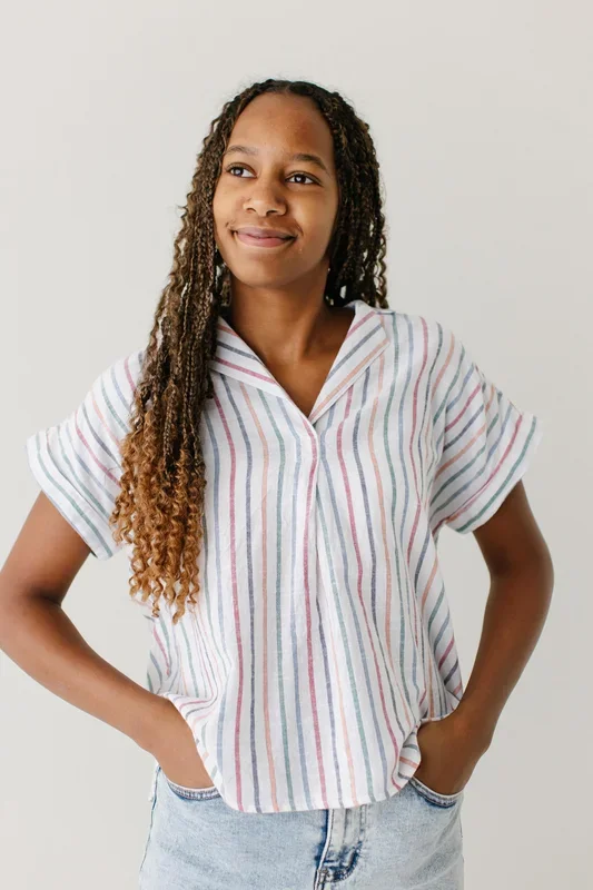 ‘Prisma’ Notched Collar Multi Stripe Cotton Top FINAL SALE