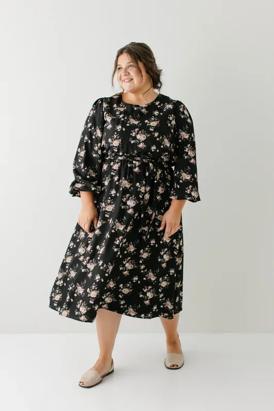 ‘Ramona’ Long Sleeve Rose Print Midi Dress