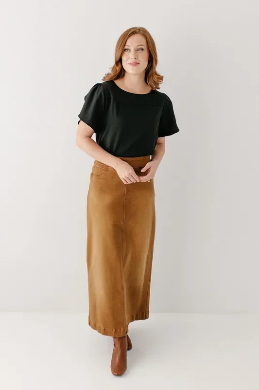 ‘Sara’ Long Stretch Denim Skirt in Camel FINAL SALE
