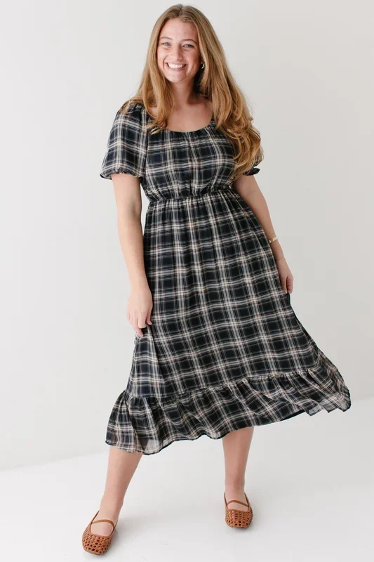 ‘Teagan’ Square Neck Plaid Midi Dress