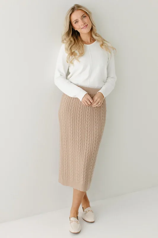 ‘Thora’ Cable Knit Midi Sweater Skirt