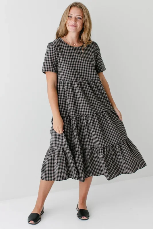 ‘Wilder’ Tiered Gingham Cotton Midi Dress in Black