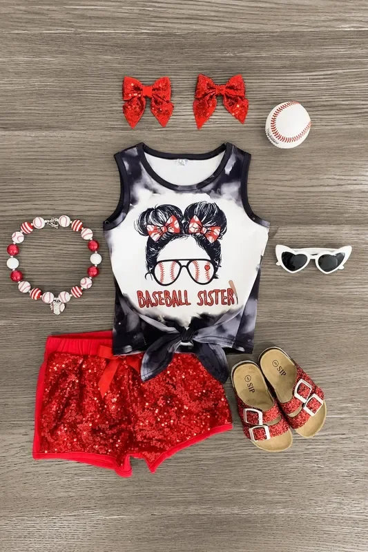 “Baseball Sister ” Red Sequin Short Set