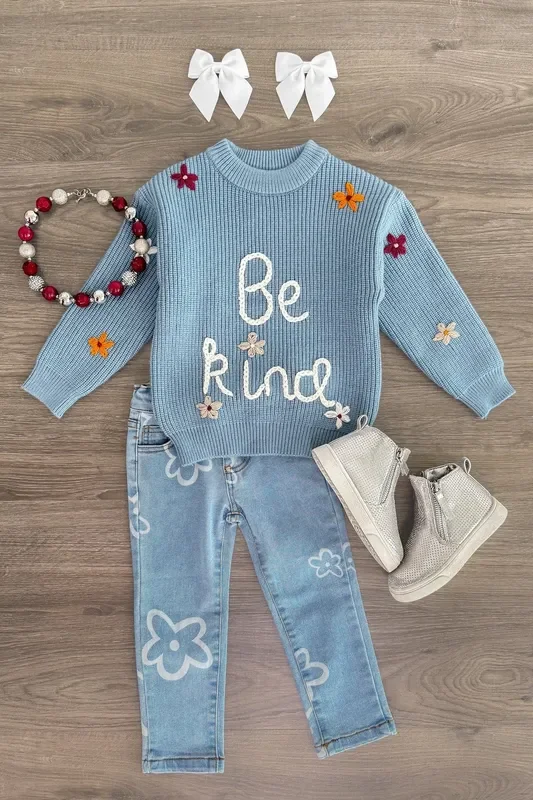 “Be Kind ” Blue Floral Knit Sweater