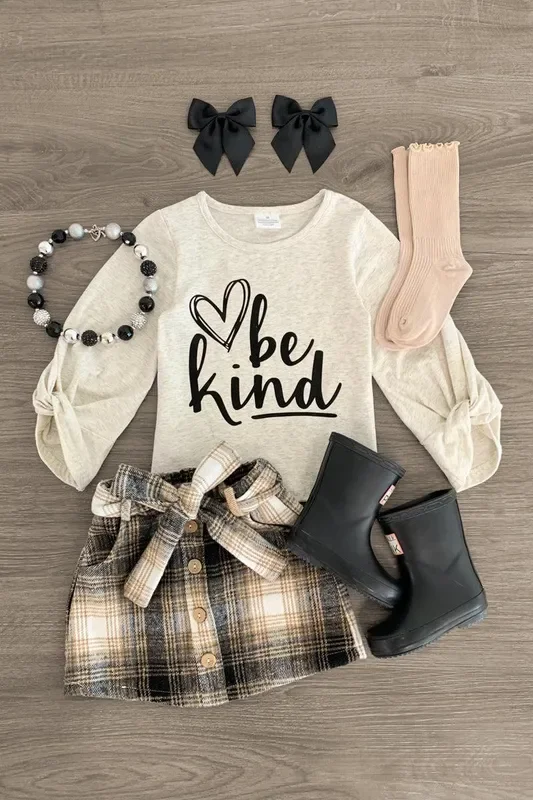 “Be Kind ” Cream & Plaid Skirt Set