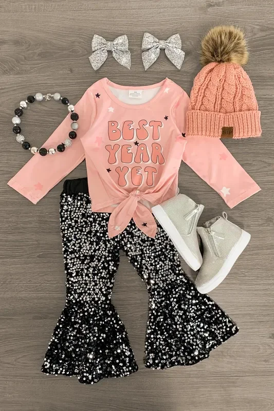 “Best Year Yet ” Pink & Black Sequin Bell Bottom Set