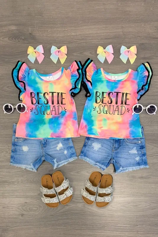 “Bestie Squad ” Tie Dye Ruffle Short Sleeve Top
