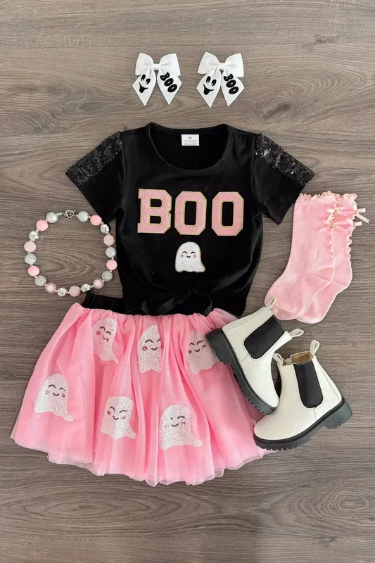 “Boo ” Black & Pink Sequin Tutu Skirt Set