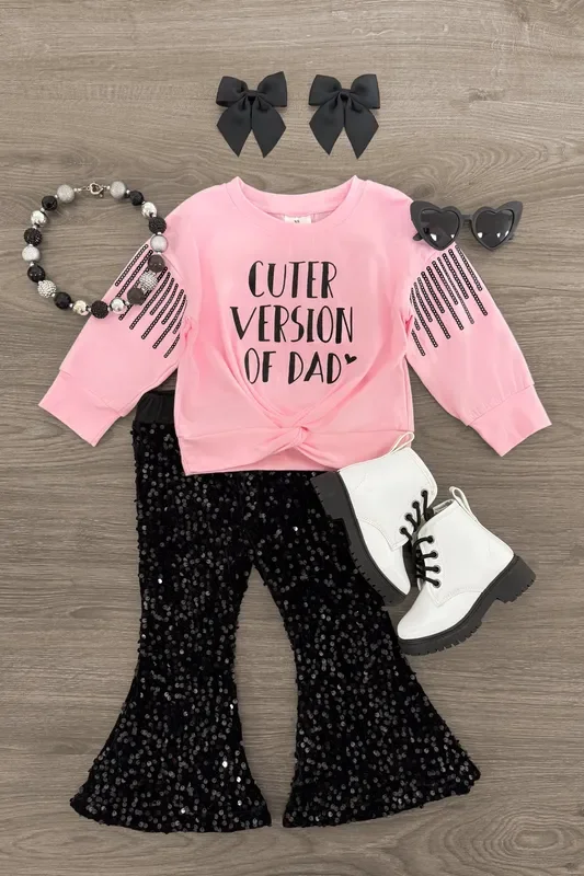 “Cuter Version Of Dad ” Velvet Sequin Bell Bottom Set