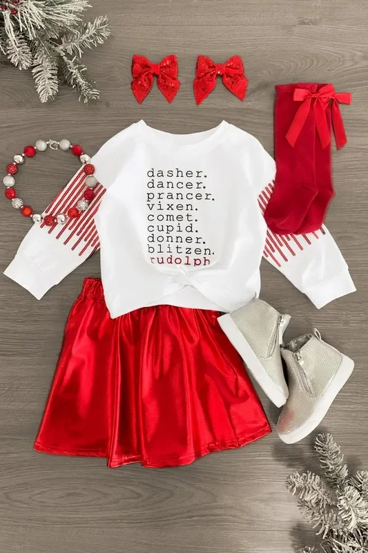 “Dasher, Dancer… ” Red Metallic Skirt Set