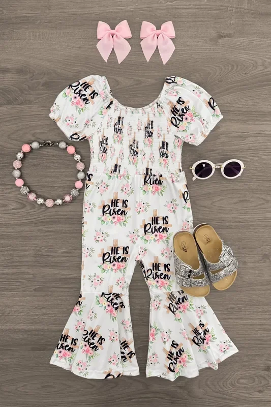 “He Is Risen ” Floral Bell Bottom Jumpsuit