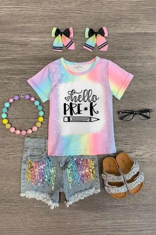 “Hello Pre-K – 6th Grade ” Rainbow Denim Short Set