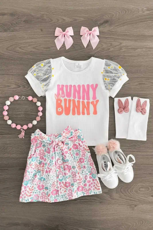“Hunny Bunny ” White Floral Skirt Set