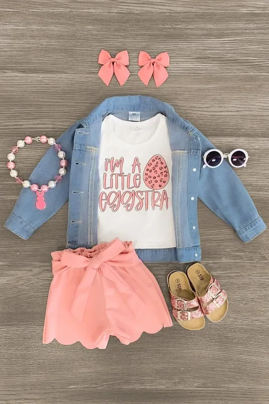 “I’m A Little Eggstra ” Pink Scalloped Short Set