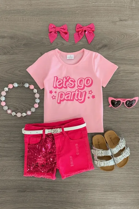“Let’s Go Party ” Pink Denim Short Set