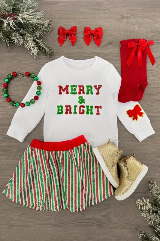 “Merry & Bright ” Striped Sequin Skirt Set