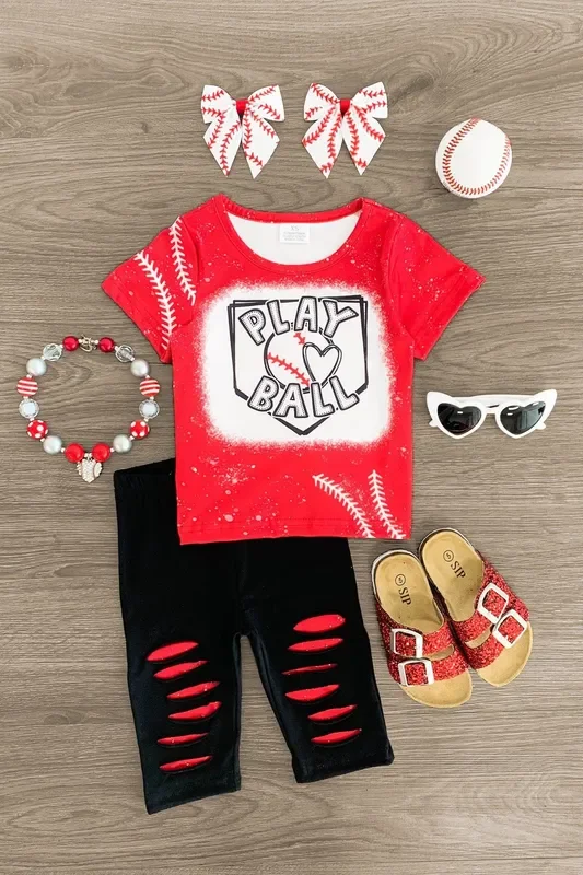 “Play Ball ” Distressed Capri Set