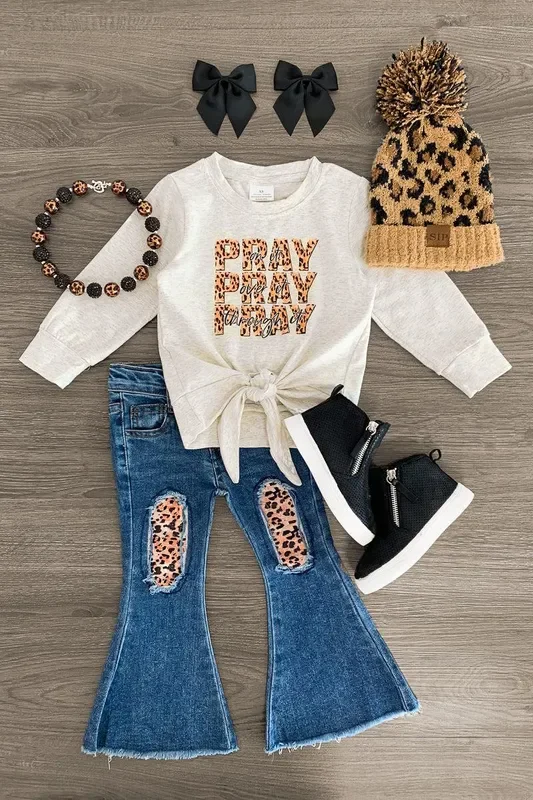 “Pray ” Leopard Distressed Denim Flare Set