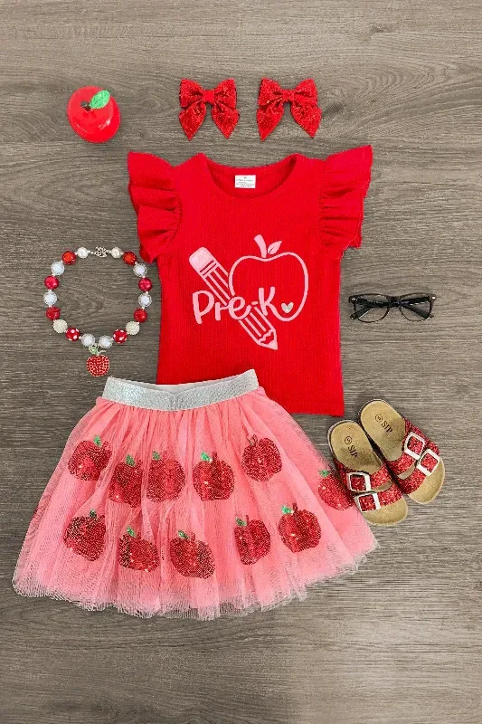 “Pre-K – 4th Grade ” Pink Apple Tutu Skirt Set