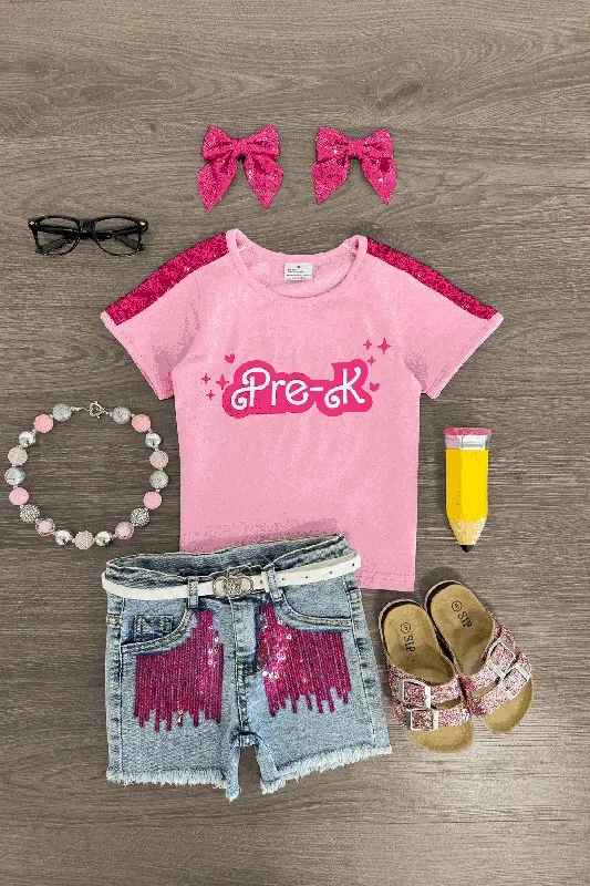 “Pre-K – Sixth Grade ” Pink Denim Short Set