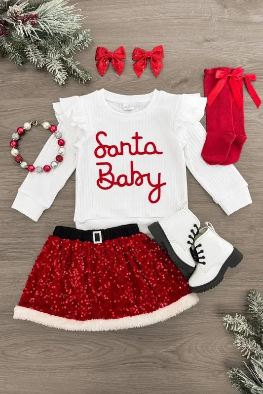 “Santa Baby ” Red Velvet Sequin Skirt Set