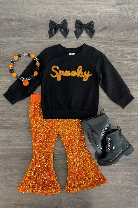 “Spooky ” Orange Sequin Bell Bottom Set
