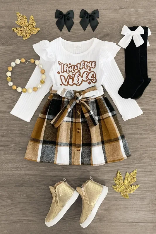 “Thankful Vibes ” Brown Plaid Flannel Dress