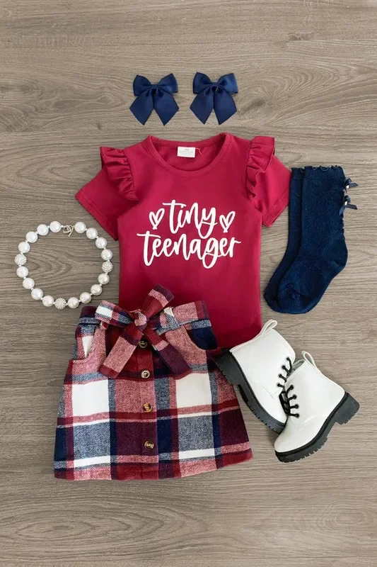“Tiny Teenager ” Burgundy Plaid Skirt Set