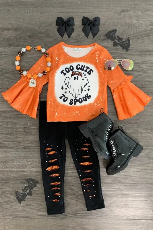 “Too Cute To Spook ” Bell Sleeve Distressed Legging Set