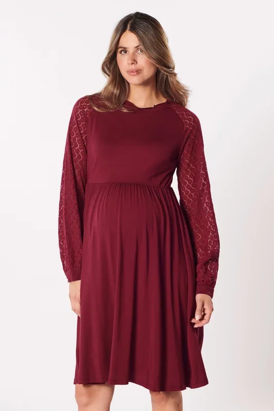 A-line maternity dress with lace sleeves, burgundy