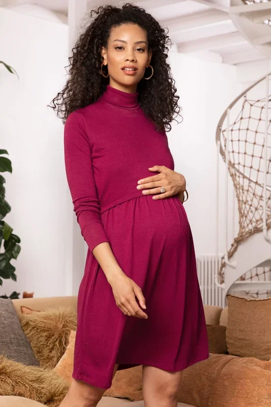 A-Line Umstands- und Stillkleid mit Rollkragen berry