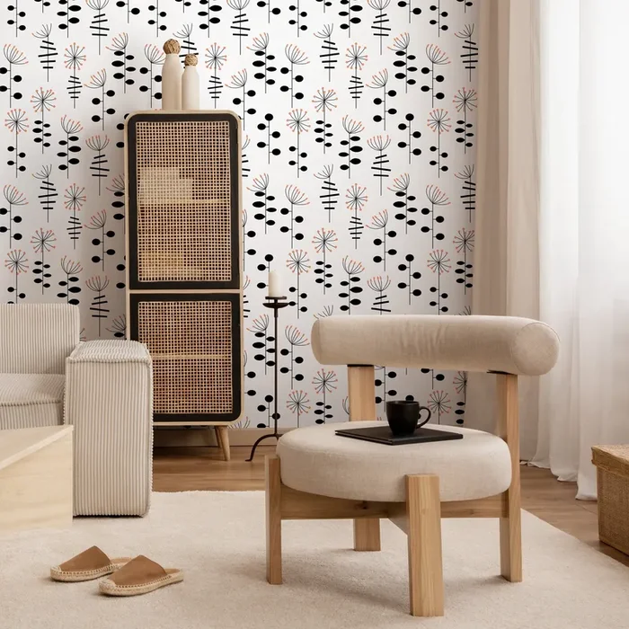 Abstract Floral Wallpaper With Stylized Botanicals In Black And Terracotta – A882