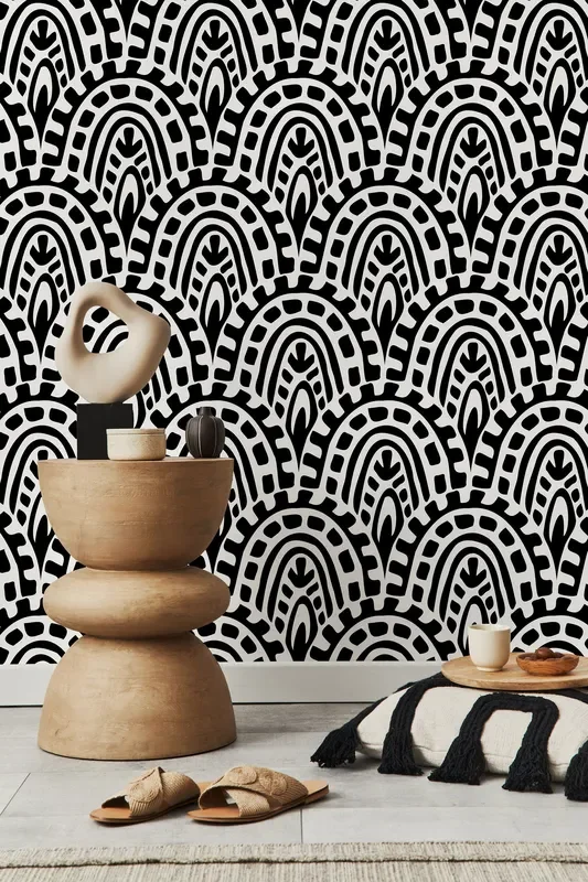 Abstract Wallpaper Featuring Bold Bohemian Arches In Black And White – D352