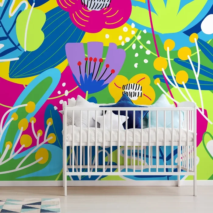 Abstract Wallpaper Featuring Graphic Flowers In Blue, Pink, And Yellow – D553