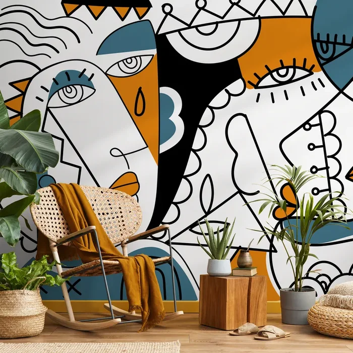 Abstract Wallpaper Featuring Modern Cubist Faces In Orange, Blue, And Black – D565