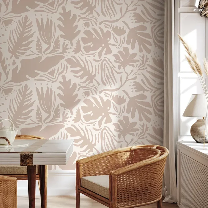 Abstract Wallpaper With A Boho Botanical Cutout Motif In Beige And Cream – D666