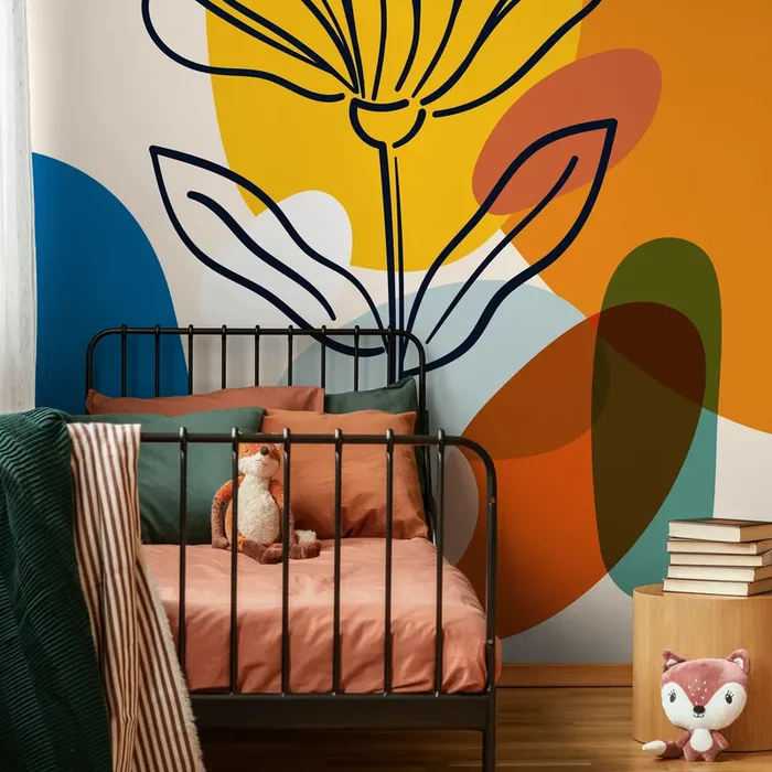 Abstract Wallpaper With A Bold Line Art Flower In Yellow, Orange, And Blue – C077