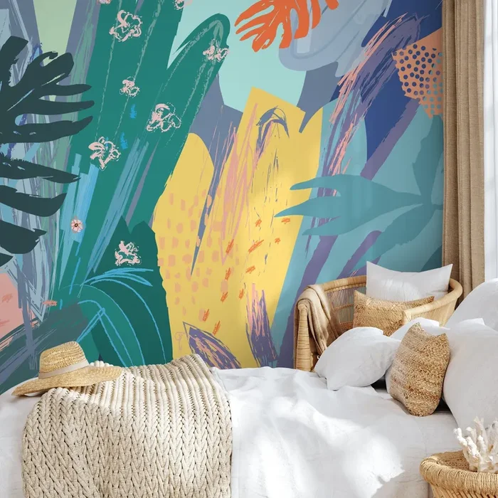 Abstract Wallpaper With A Botanical Brushstroke Collage In Teal, Yellow, And Blue – B167