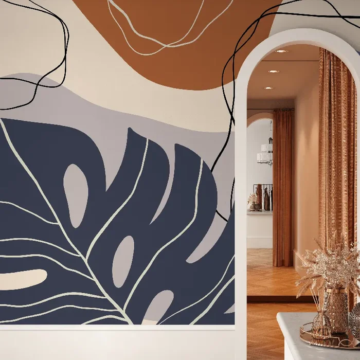 Abstract Wallpaper With A Botanical Motif In Navy, Brown, And Taupe – C058