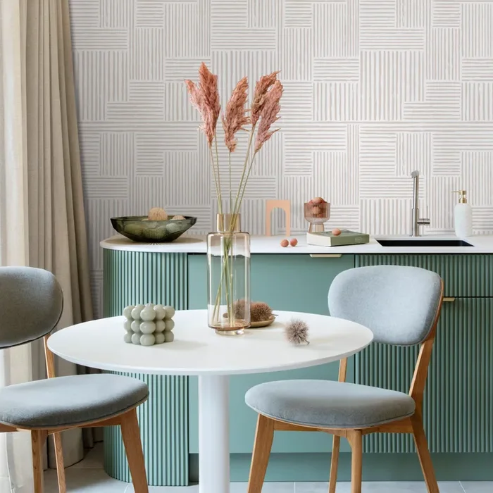 Abstract Wallpaper With A Brushed Labyrinth Motif In Beige And White – Zabj