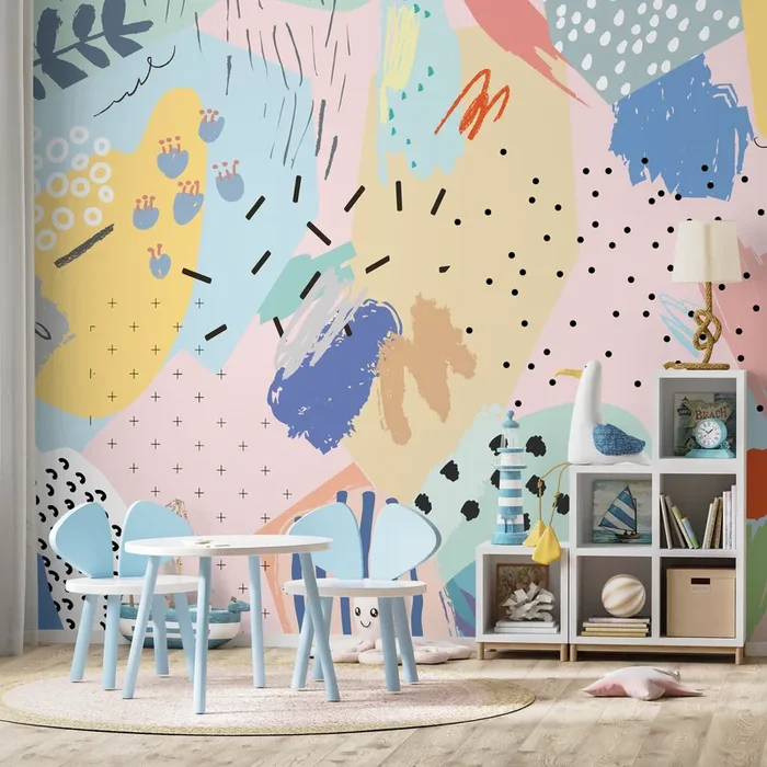Abstract Wallpaper With A Collage Of Playful Shapes In Pink, Blue, And Yellow – As1-b482